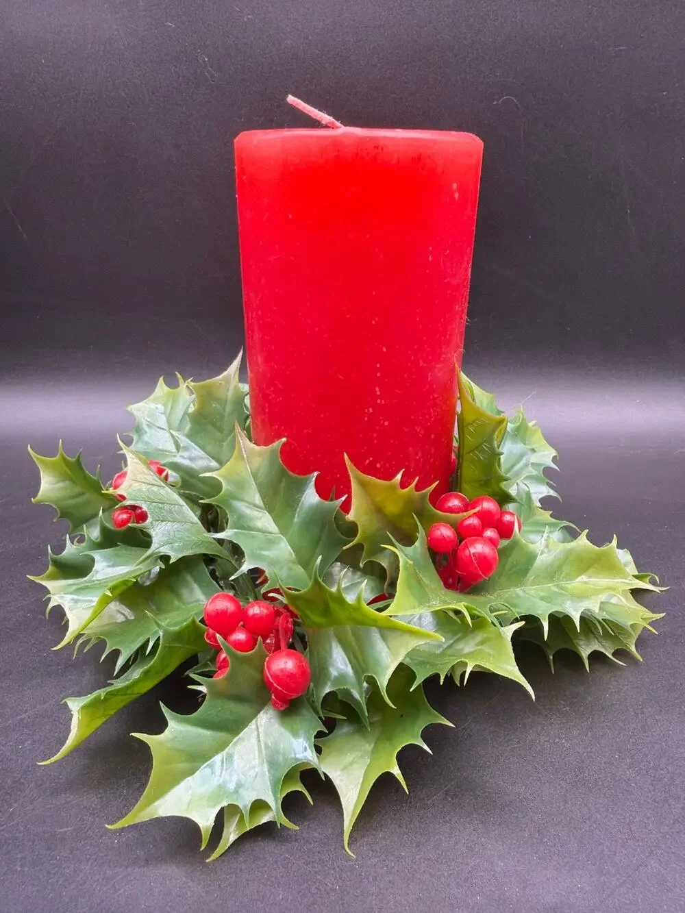 Vintage Christmas Holly Berry Candle Ring Holiday Centerpiece & Red Candle MCM